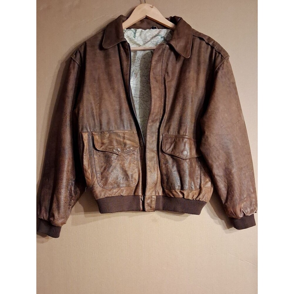 Military Pilot Style Brown Leather Bomber Jacket Distressed Look Made Korea GIII